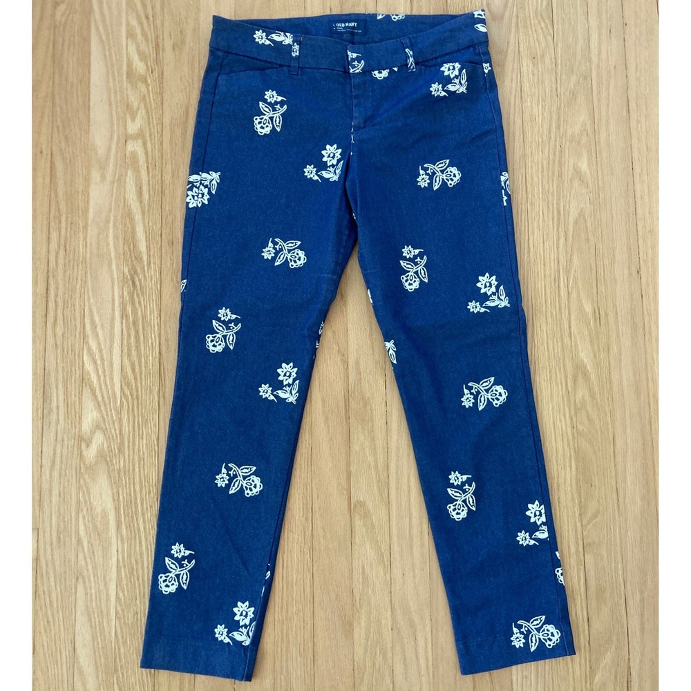 Old Navy Size 4 Pixie Ankle Chino Pants Floral Blue Denim-Style Cottagecore Twee